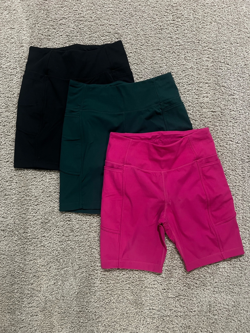 NWOT 3-Pack Athletic Shorts w/ Adjustable Waist - Hot Pink, Dark Green, Black